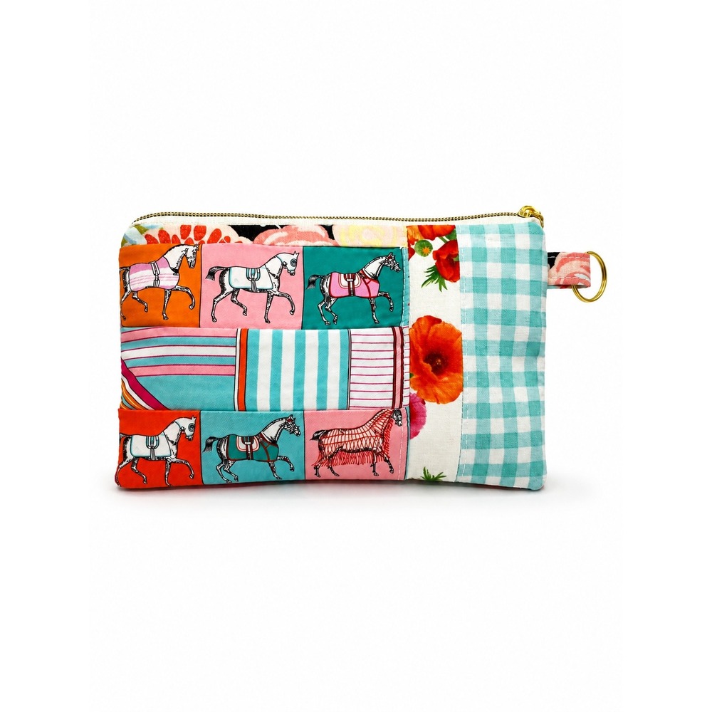 Handmade Patchwork Zipper Pouch Horse Print Clutch Wallet Orange Aqua Gingham